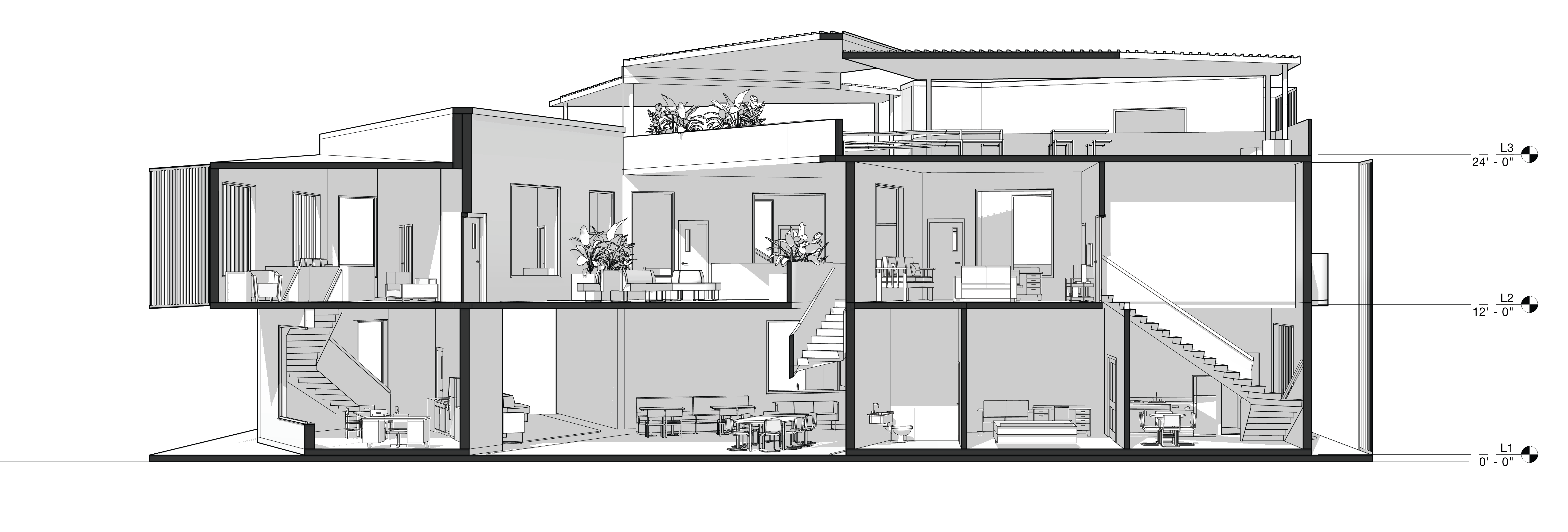 Longitudinal section of THE SPACE BETWEEN collective housing