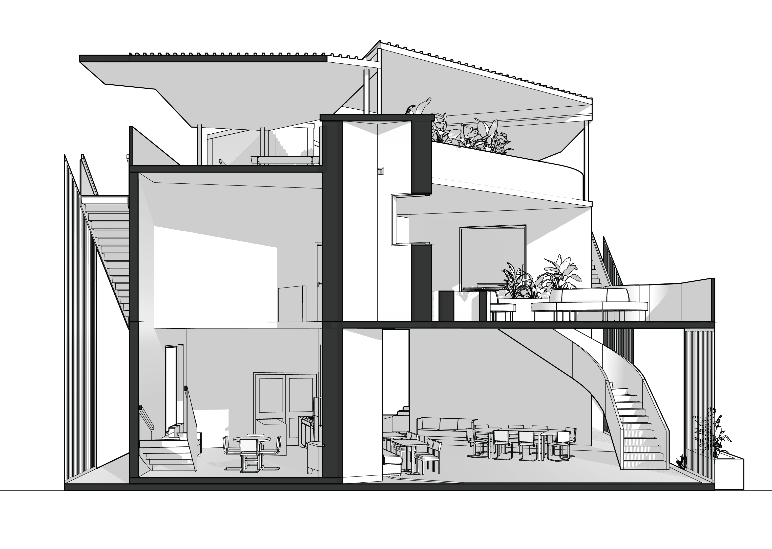 Transverse section of THE SPACE BETWEEN collective housing