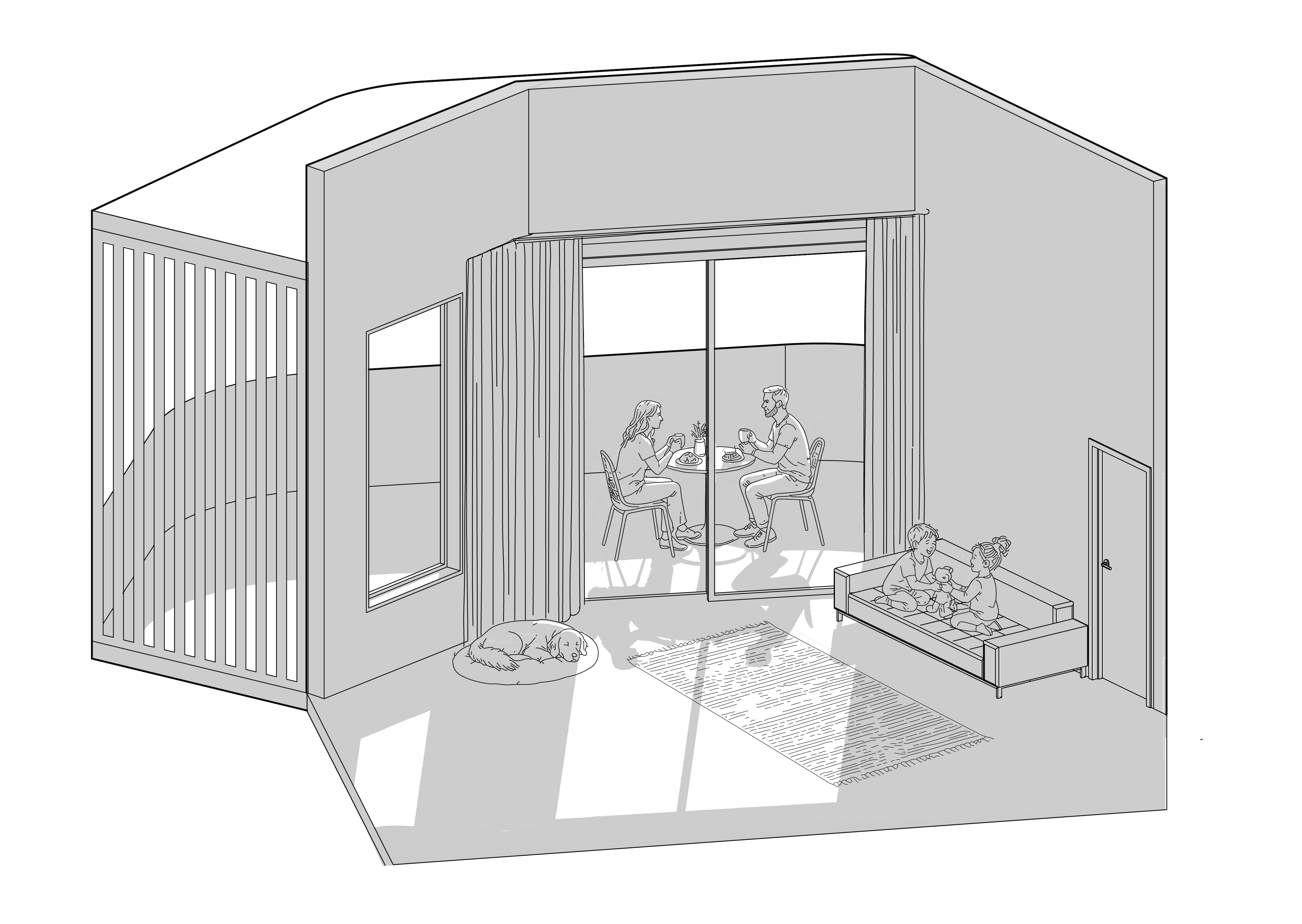 Isometric window detail of THE SPACE BETWEEN collective housing